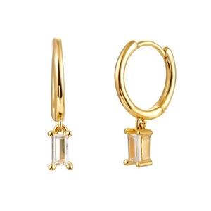 Elegant gold hoop earrings with a rectangular zircon drop pendant on white background