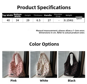 Detailed size chart and dimensions for the large capacity fashion tote bag in three colors