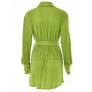 Back view of green pleated shirt dress with long sleeves and adjustable waist tie