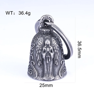 Detail showing dimensions of vintage stainless steel guardian bell with angel relief