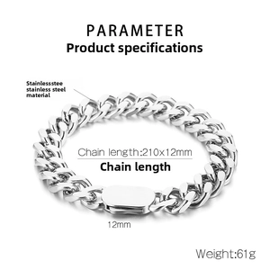 Bracelet gourmette poli en acier inoxydable argenté, longueur 210mm et largeur 12mm