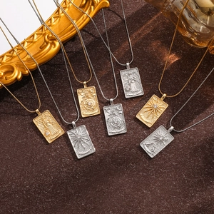 Vintage gold and silver tarot card square necklaces with sun and angel relief charms