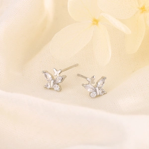 S925 silver double butterfly stud earrings with sparkling cubic zirconia stones