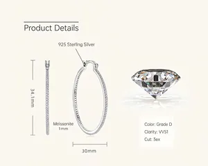 Macro detail of 34.1mm S925 sterling silver hoop earrings with 1mm moissanite stones