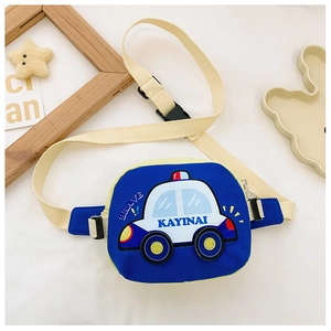 Detail showing high-strength blue fabric and cartoon police car decoration on kids chest bag