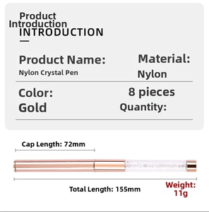 Detailed specifications of 8-piece nylon hair crystal nail art brush set in gold finish