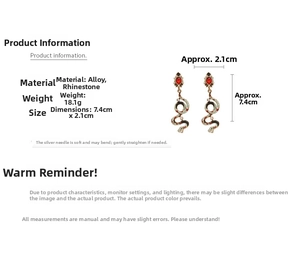 Detailed view of snake drop earrings with size 7.4x2.1cm and 18.1g weight specs