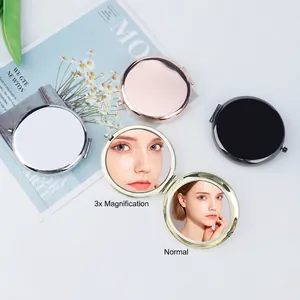 Foldable round metal makeup mirrors in assorted colors with 1x and 3x magnification zoom