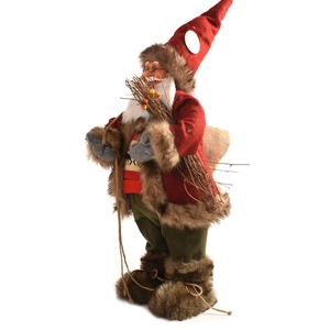 Detail of 45cm Santa doll featuring red and green plush velvet with faux fur trim