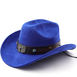 Detail of blue suede cowboy hat with turquoise and metal bull head studded band
