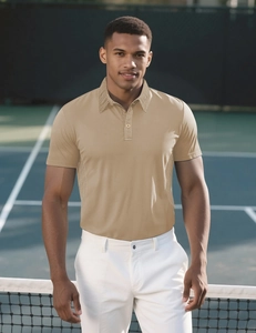 Detail of khaki men's polo shirt showing the textured knit collar and breathable side panels