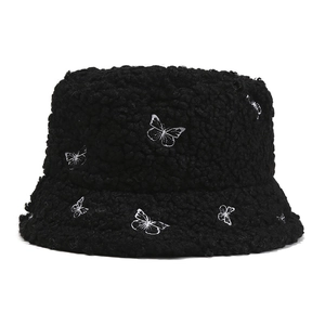 Sherpa Fleece Bucket Hat With Butterfly Embroidery Winter Warm Outdoor Fashionable For Women