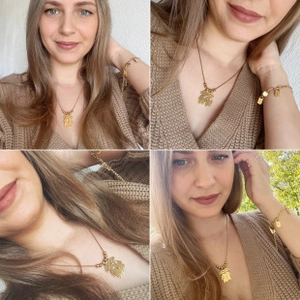 Detail of gold family pendant necklace and bracelet set featuring multiple small figures