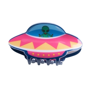 Pink and yellow UFO hair claw clip with a cute green alien design for women and girls