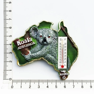 Detail of Australia map resin fridge magnet with koala design and built-in thermometer