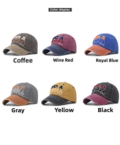 Detail of vintage washed cotton baseball caps with USA embroidery in six color variants