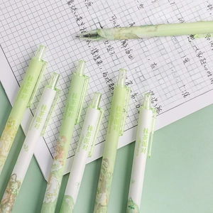 Pack of 6 matcha green retractable gel pens with quick-dry ink on graph paper