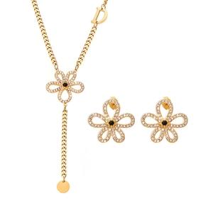 18k gold plated flower necklace and earrings set with zircon stones and D pendant