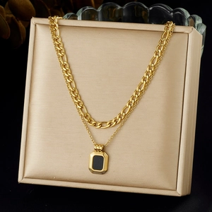 Double Layer Necklace Gold Plated Stainless Steel Black Rectangle Pendant Layered Figaro Cuban Chain Retro Niche Jewelry