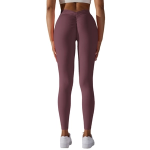Legging de yoga taille haute violet foncé avec effet push up et fesses froncées pour femme