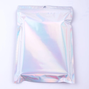 Close-up of iridescent laser holographic resealable bag with a round hanging hole