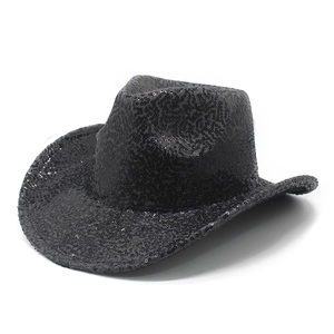 Glitzernder schwarzer Pailletten-Cowboyhut für Partys im klassischen Western-Jazz-Stil