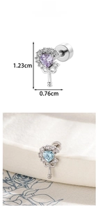 Detailed size chart and close-up of vintage heart scepter cartilage piercing studs