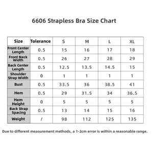 Size chart for seamless sports bra listing measurements from S to XL for gym fitness wear