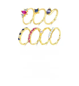 Set of S925 sterling silver gold-plated rings with colorful gemstones and pearls