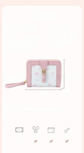 Pink bow wallet dimensions 11.5x9x3cm with 5 card slots and coin pocket detail