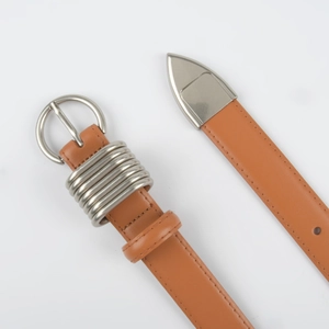 Classic brown leather belt for women with silver metal buckle and decorative wire coils