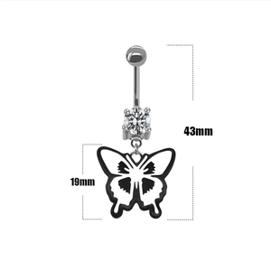 Hip hop butterfly belly ring with crystal and black and white pendant, 43mm total length