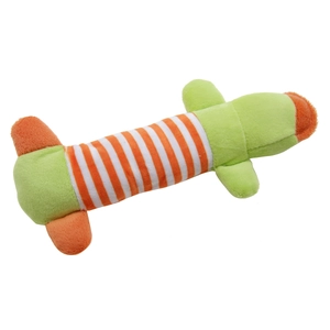 Detail of soft plush pet toy with green texture and orange white stripes for dogs