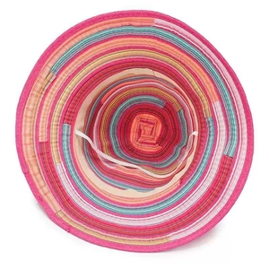 Colorful striped straw sun hat with wide brim and handmade floral embroidery for beach vacation