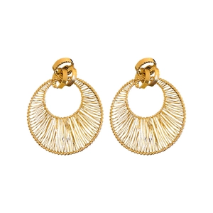 Golden hollow out circle earrings with radial wire design and polished metal finish