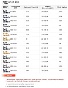 Detailed size chart for vintage floral shower curtain including multiple dimensions and weight