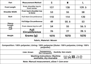 Detailed size chart and fabric care icons for this long woolen fringe coat