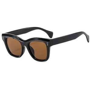 Classic oval black sunglasses with tea lenses and silver rivet accents on a white background