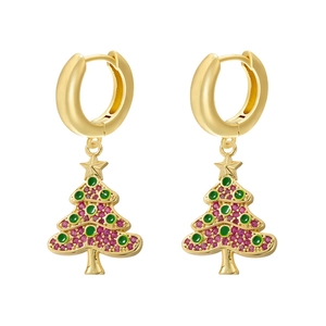 Detail showing festive Christmas tree huggie hoop earrings with red and green crystals