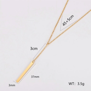 Minimalist gold stainless steel bar tassel pendant necklace on a clean white background