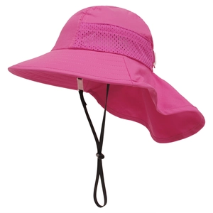 Detailansicht in Pink: Sonnenhut mit atmungsaktivem Netz und langem Nackenschutz