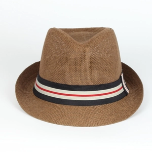 Brown woven straw Fedora hat with a classic three-color striped band for summer travel