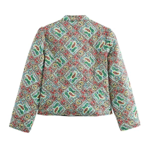 Women's cropped jacket featuring vibrant ethnic floral patterns and geometric prints