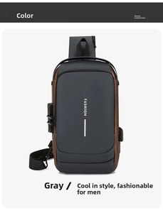 Close-up of waterproof cross-body bag featuring secure combination lock and USB charging port