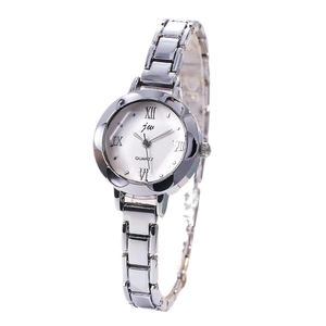 Silver ladies quartz watch with small white dial and elegant link bracelet on white background