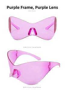 Detail view of purple futuristic Y2K wrap-around sunglasses with oversized shield lens