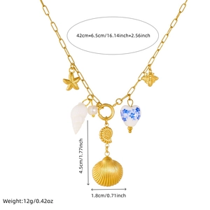 Gold ocean necklace with seashell, starfish and blue heart pendant with size details