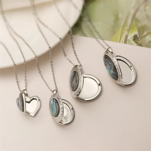 Natural abalone shell locket necklaces in heart and oval shapes with silver chain