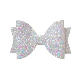 Detailed view of 9cm white glitter bow with colorful sequins for DIY hair accessories