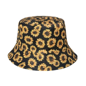 Chapeau bob noir classique avec motif de tournesols jaunes et large bord pare-soleil